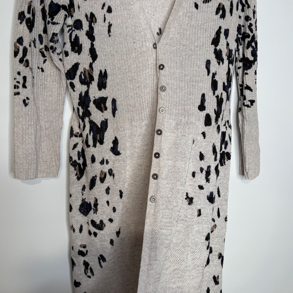 Nic+Zoe Leopard Print Linen Blend Duster Cardigan Size Medium Oatmeal & Black - Picture 4 of 8